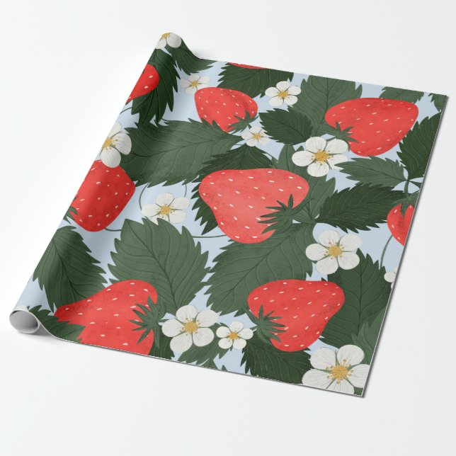 Summer pattern with strawberries. Strawberries lea Wrapping Paper (Unrolled)