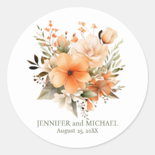 Summer Peach and Green Floral Wedding Classic Round Sticker