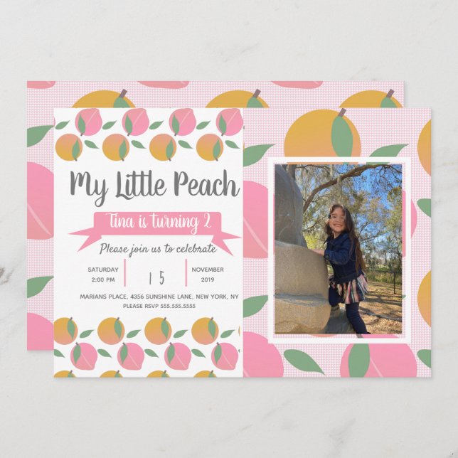Summer Peach Pattern Fruit Birthday Party Photo Invitation (Front/Back)