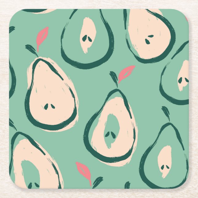 Summer pears: fresh fruit pattern. square paper coaster (Front)
