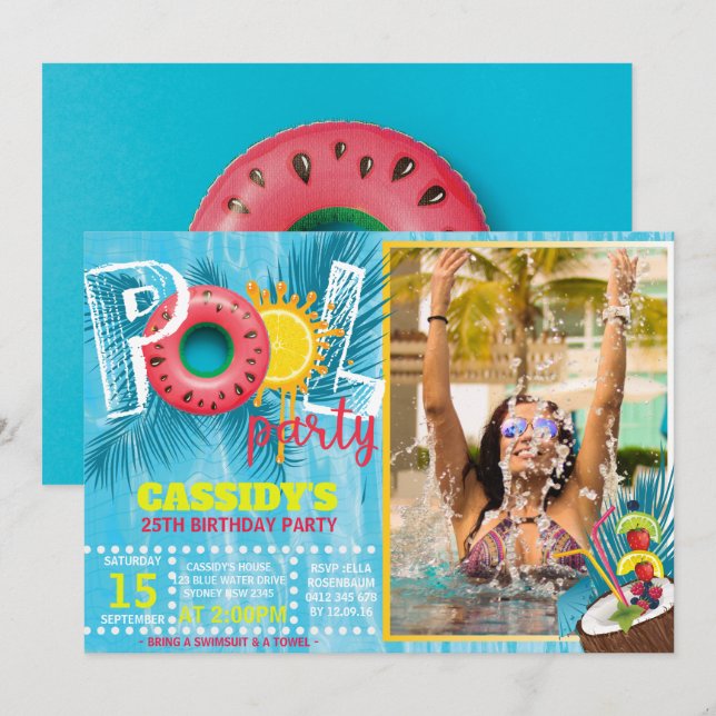 Summer Photo Pool Party Birthday Invitation (Front/Back)