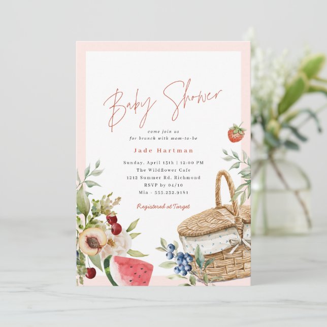 Summer Picnic | Cute Pink Girly Baby Shower Brunch Invitation (Standing Front)
