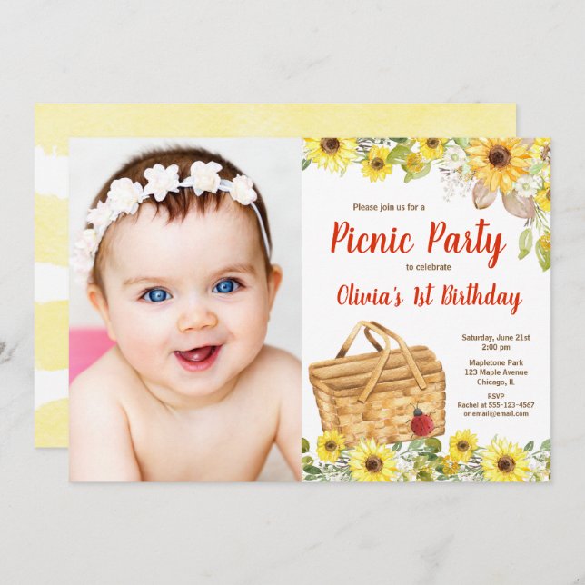 Summer picnic in the park sunflowers photo invitation (Front/Back)