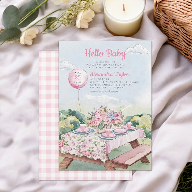 Summer Picnic Watercolor Elegant Baby Girl Shower Invitation (picnic baby shower invitation park summer watercolor balloon cute fun casual classy modern)