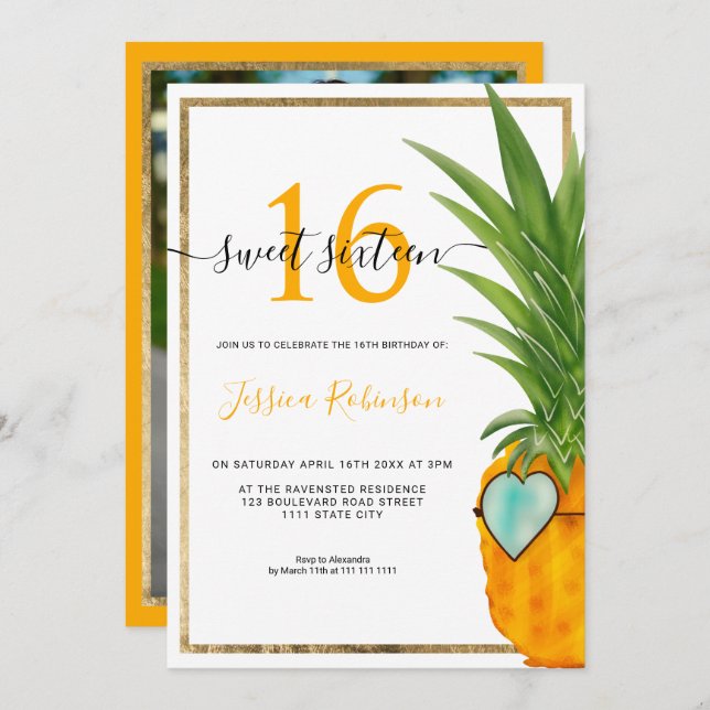 Summer pineapple cool gold frame Sweet 16 photo Invitation (Front/Back)