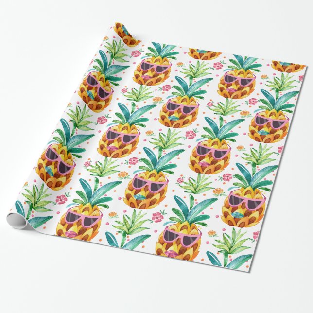 Summer Pineapple In Sun Glasses Pattern Wrapping Paper (Unrolled)