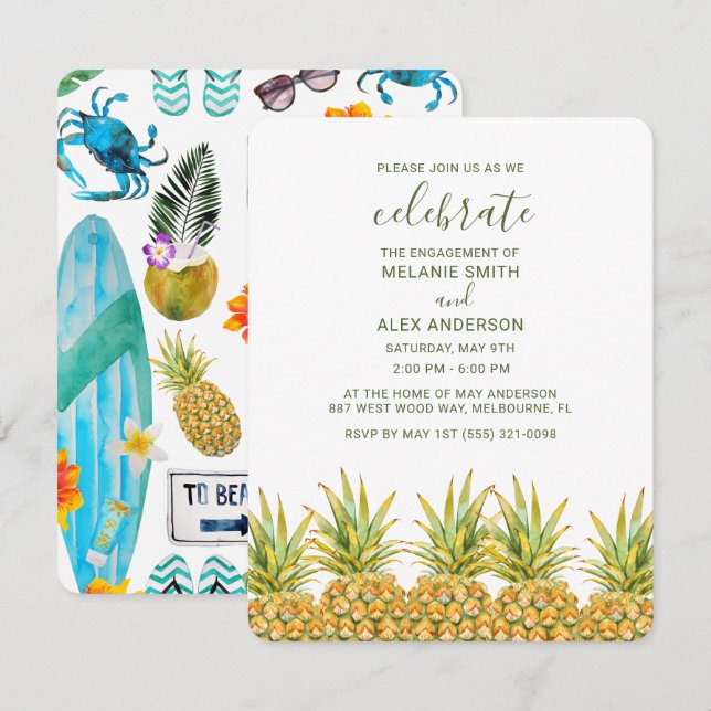 Summer Pineapple Outdoor BBQ Engagement Party Invitation (Front/Back)