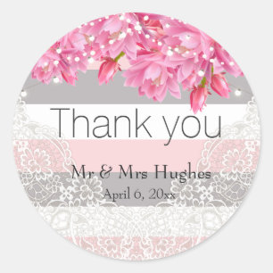 Summer pink and grey stripes Floral Lace wedding Classic Round Sticker