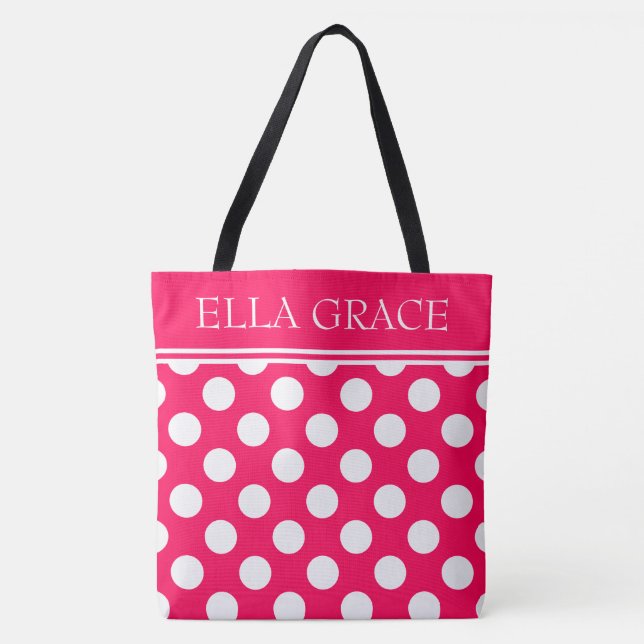 Summer Pink and White Polka Dot Personalised Tote Bag (Front)