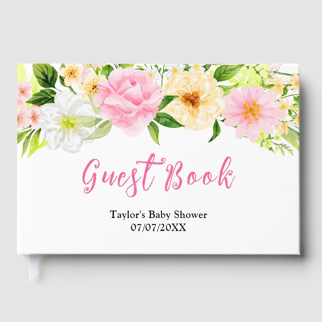 Summer Pink and Yellow Floral Baby Shower Guest Book (Front)