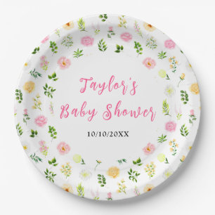 Summer Pink and Yellow Floral Baby Shower Paper Plate