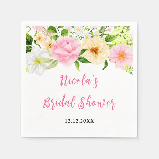 Summer Pink and Yellow Floral Bridal Shower Napkin (Front)