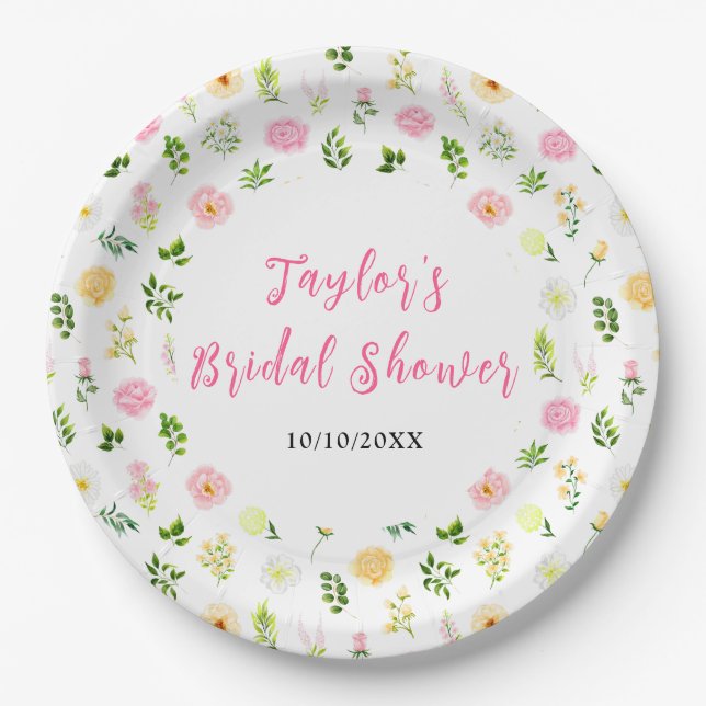 Summer Pink and Yellow Floral Bridal Shower Paper Plate (Front)