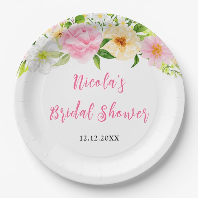 Summer Pink and Yellow Floral Bridal Shower Paper Plate (Front)