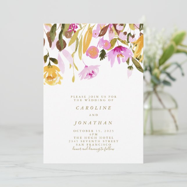 Summer Pink and Yellow Floral Watercolor Invitation (Standing Front)