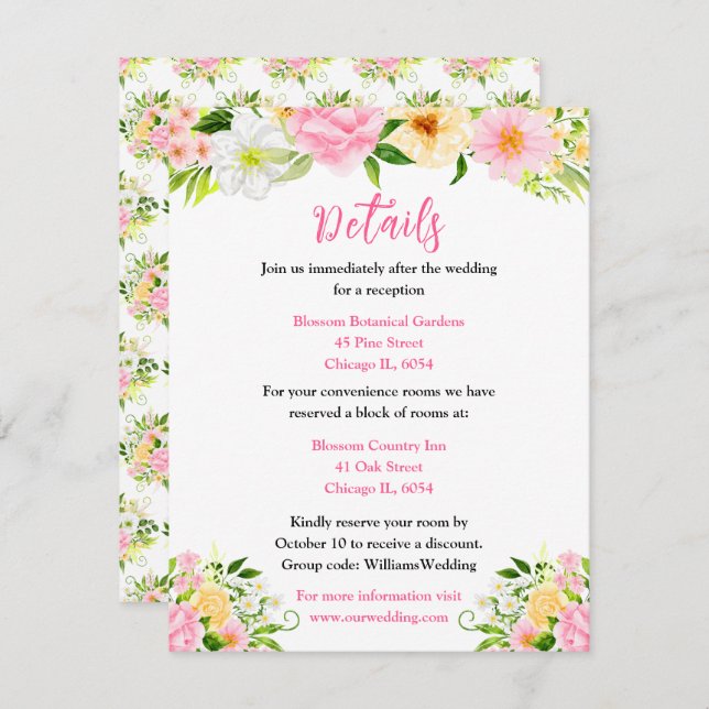 Summer Pink and Yellow Floral Wedding Details Enclosure Card (Front/Back)