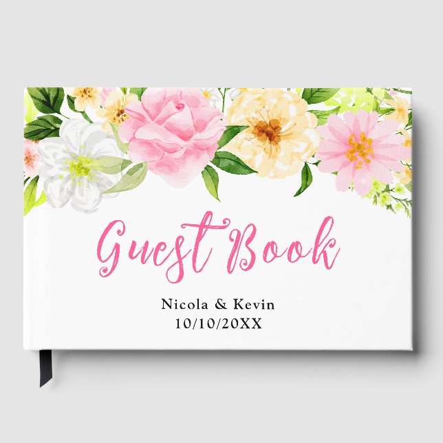 Summer Pink and Yellow Floral Wedding Guest Book (Front)