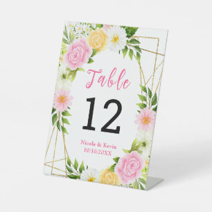 Summer Pink and Yellow Floral Wedding Table Number Pedestal Sign