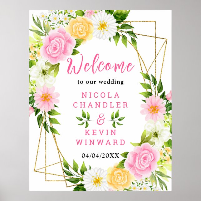 Summer Pink and Yellow Flower Wedding Welcome Sign (Front)