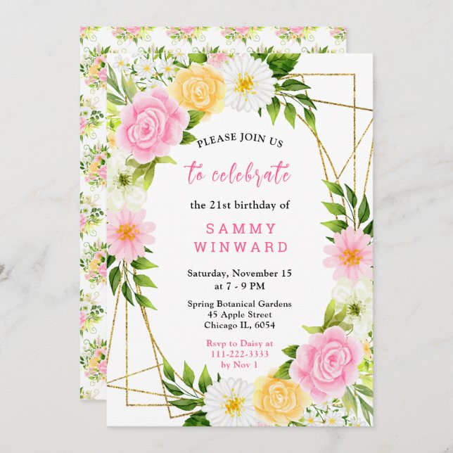 Summer Pink and Yellow Flowers and Foliage Invitation (Front/Back)
