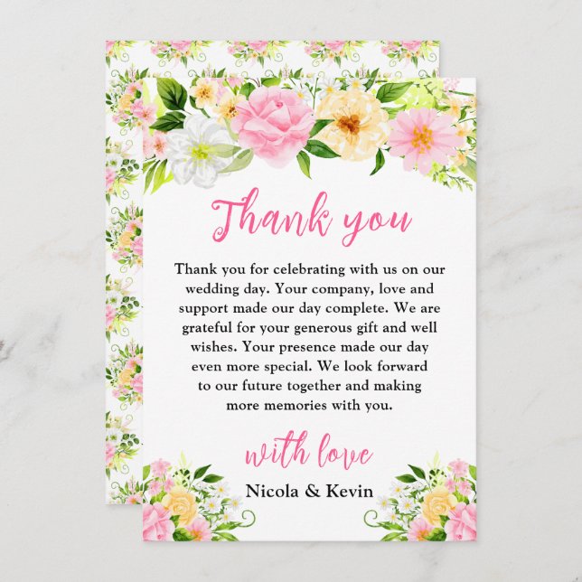 Summer Pink and Yellow Flowers and Foliage Thank You Card (Front/Back)