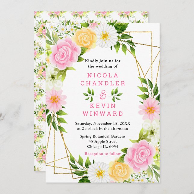 Summer Pink and Yellow Flowers and Foliage Wedding Invitation (Front/Back)