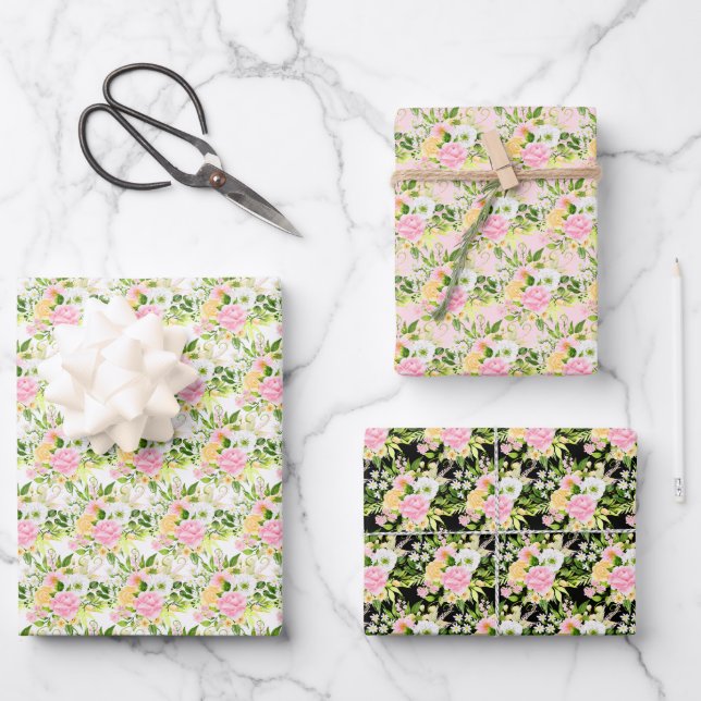 Summer Pink and Yellow Flowers and Foliage Wrapping Paper Sheet (Front)
