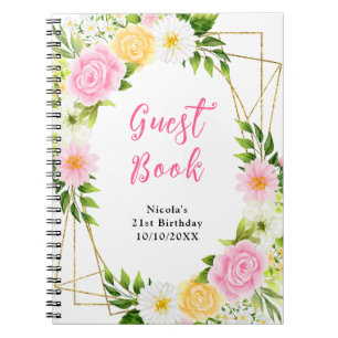 Summer Pink and Yellow Flowers Birthday Guest Book