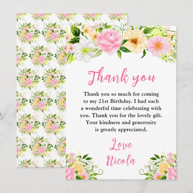 Summer Pink and Yellow Flowers Birthday Thank You Card (Front/Back)