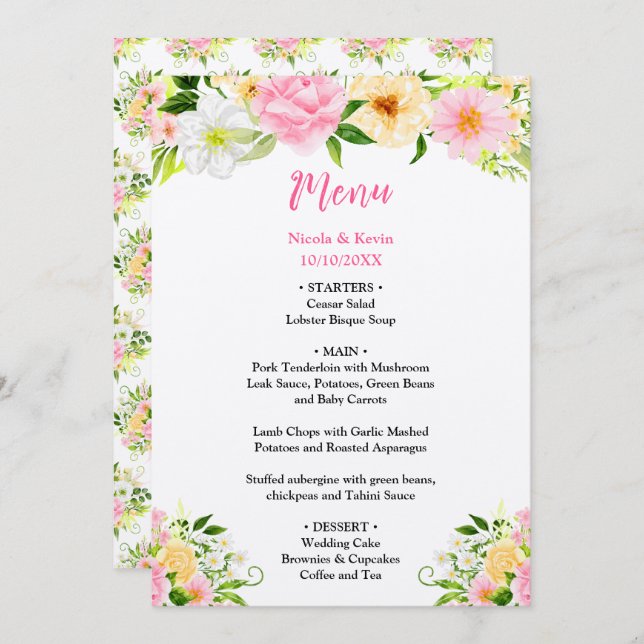 Summer Pink and Yellow Flowers Wedding Menu (Front/Back)