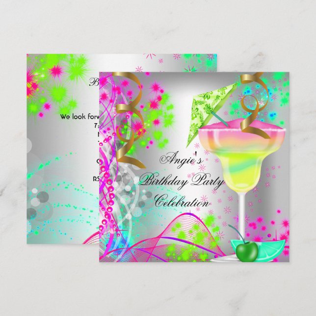 Summer Pink Birthday Party Colourful Cocktail Invitation (Front/Back)