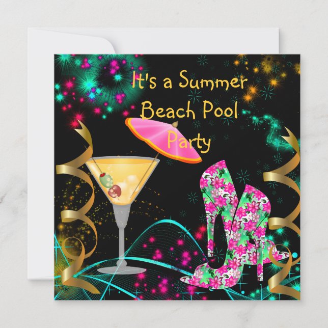 Summer Pink Black Beach Pool Party Invitation (Front)