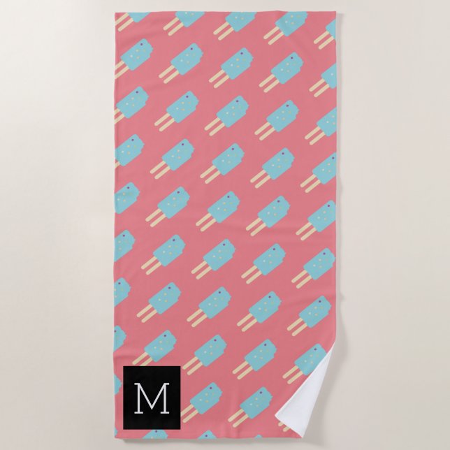 Summer Pink Blue Ice-cream Pop Beach Towel (Front)