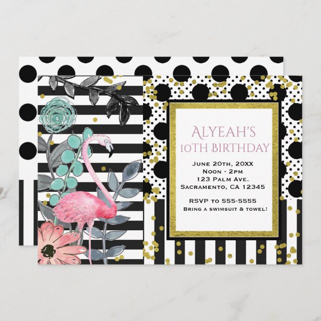 Summer Pink Flamingo Polka Dot Party Invitations (Front/Back)