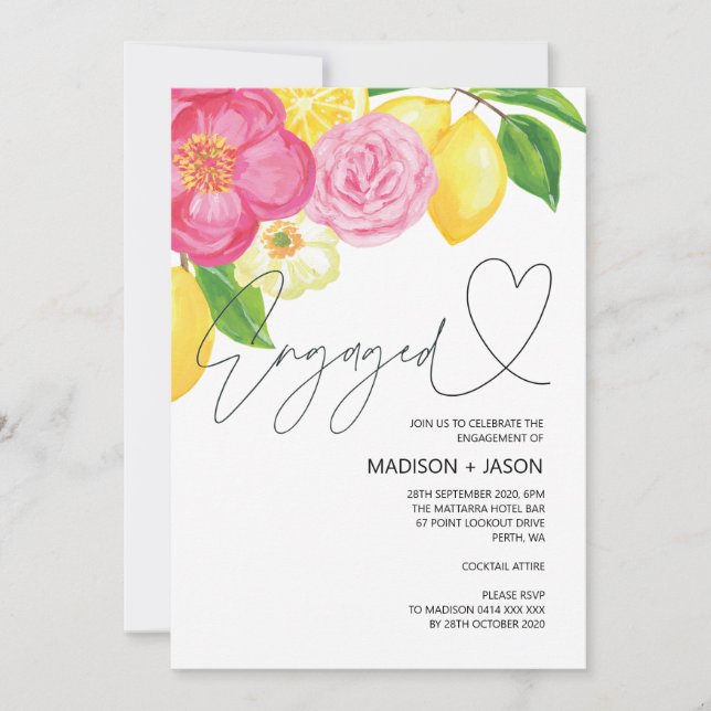 Summer Pink Floral and Lemon Engagement Party Invitation (Front)