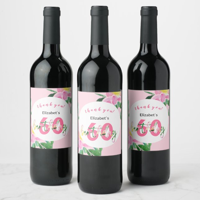 Summer Pink Floral Exotic Watercolor Illustration Wine Label (Bottles)