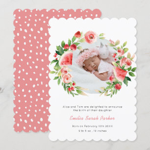 Summer Pink Floral Fruit Wreath Photo Baby Birth Announcement