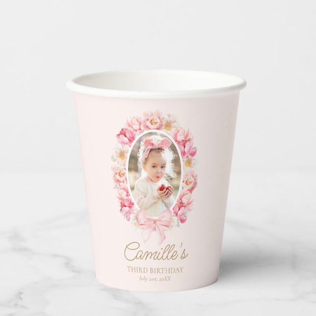 Summer Pink Floral Girl Photo Birthday Paper Cups (Front)