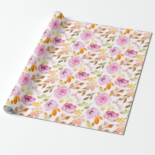 Summer Pink Flowers Watercolor Floral Pattern Wrapping Paper (Unrolled)