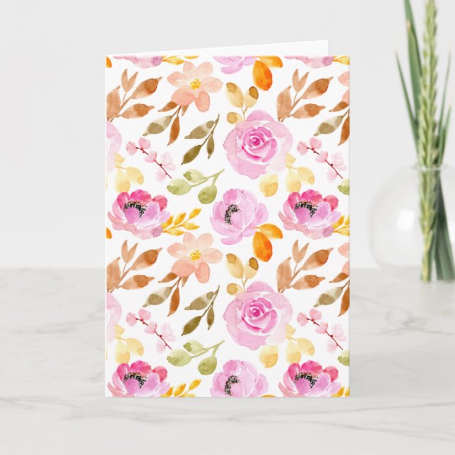 Summer Pink Girly Watercolor Floral Blank Card (Front)