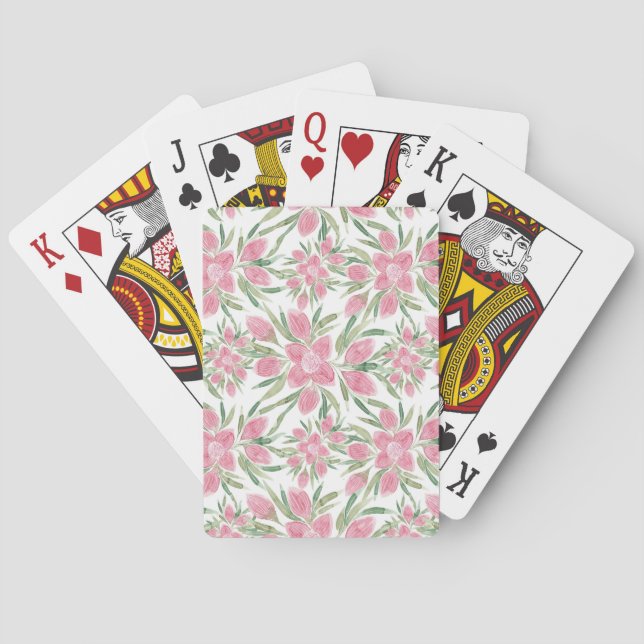 Summer Pink Green Watercolor Blooming Flowers Playing Cards (Back)