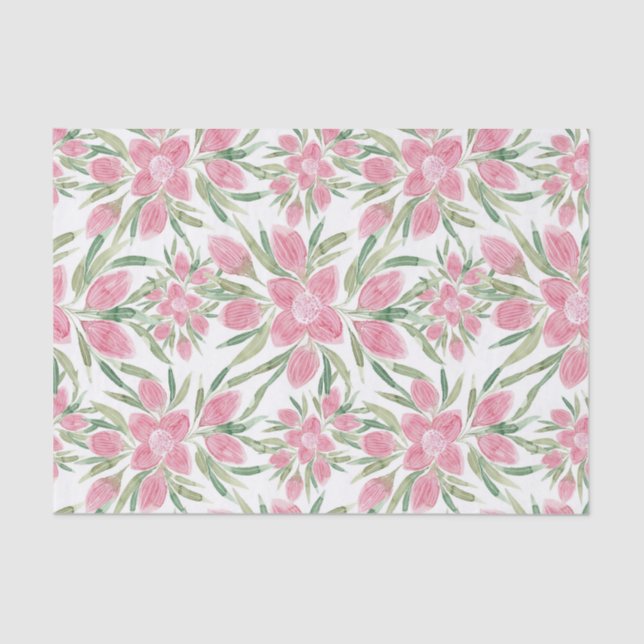 Summer Pink Green Watercolor Blooming Flowers Tissue Paper (Front)