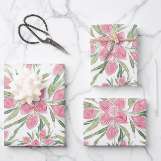 Summer Pink Green Watercolor Blooming Flowers Wrapping Paper Sheet