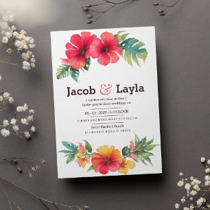 Summer pink orange green tropical floral wedding invitation