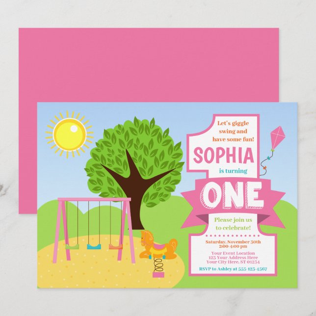 Summer Pink Playground Park 1st Birthday Invitation (Front/Back)