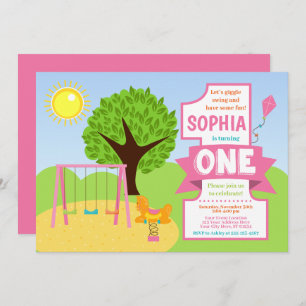Summer Pink Playground Park 1st Birthday Invitation
