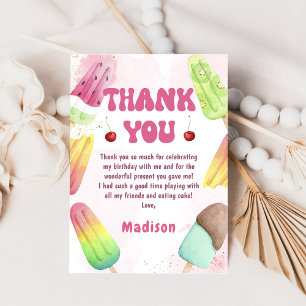 Summer Pink Popsicle Girl Birthday Thank You Card