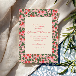Summer Pink Strawberry Fruit Botanical Baby Shower Invitation
