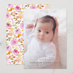 Summer Pink Watercolor Floral Baby Photo Birth  An Announcement