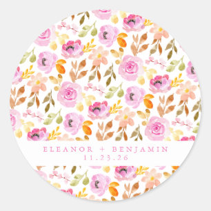 Summer Pink Watercolor Floral Custom Wedding Classic Round Sticker